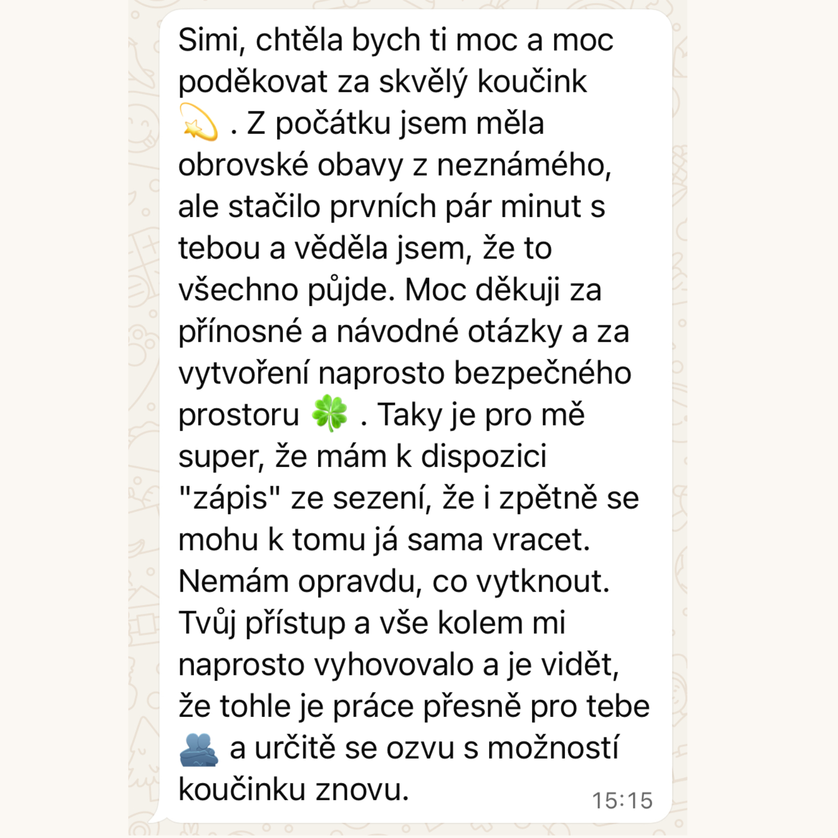 Podrobná reference klientky na bezpečný prostor a přístup