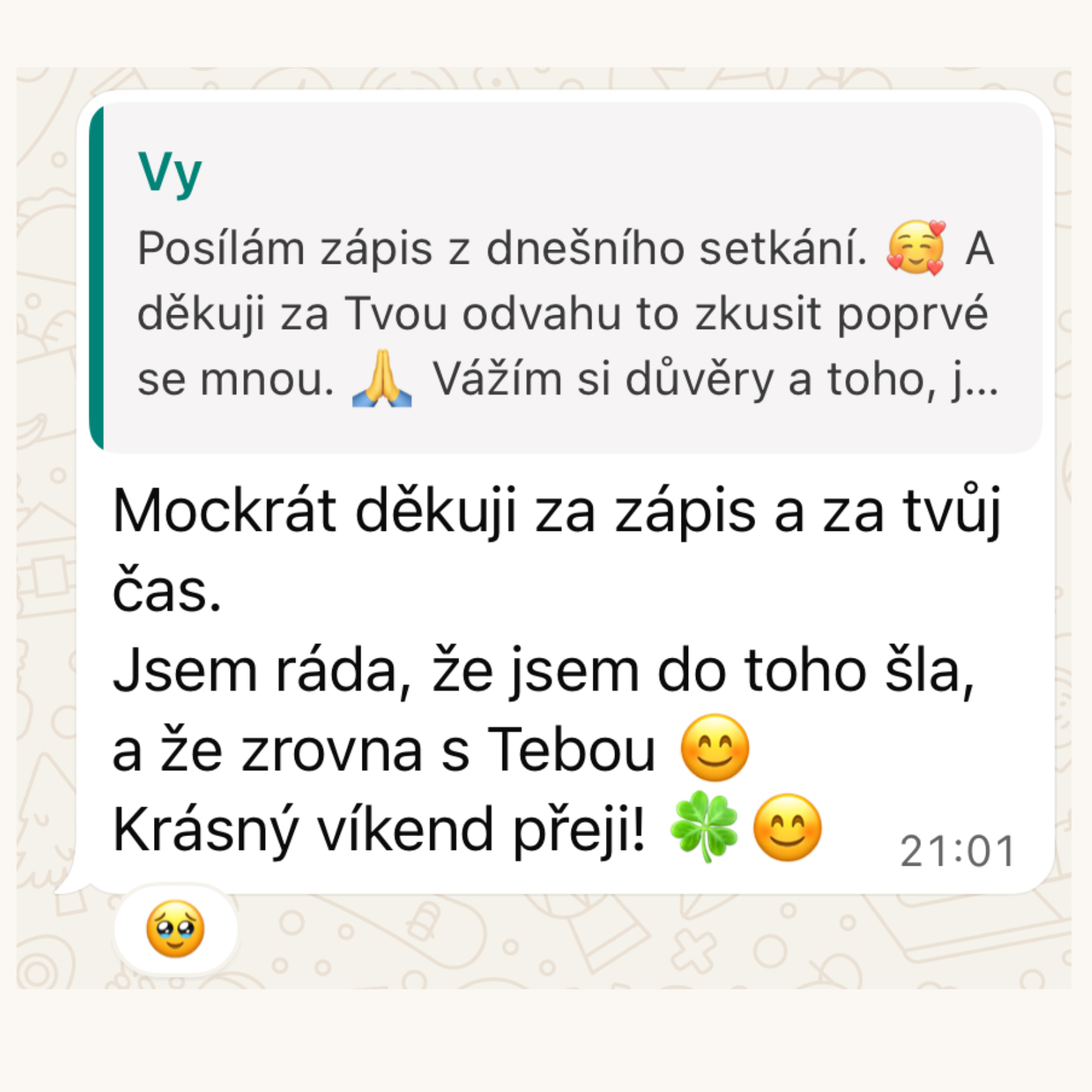 Poděkování klientky za zápis a čas
