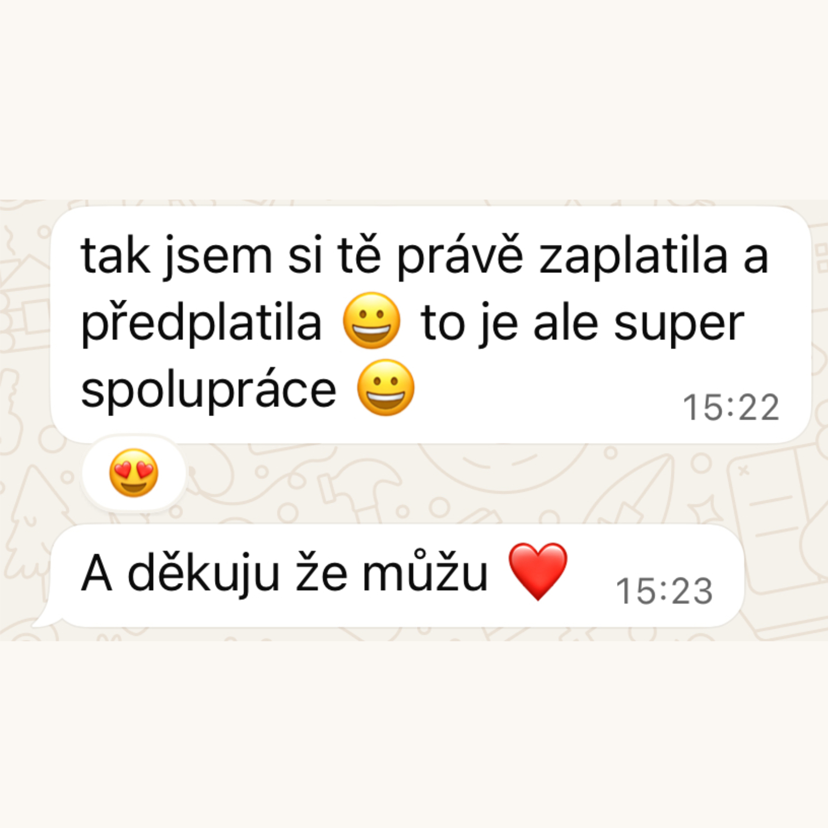 Zpráva klientky o pokračování ve spolupráci
